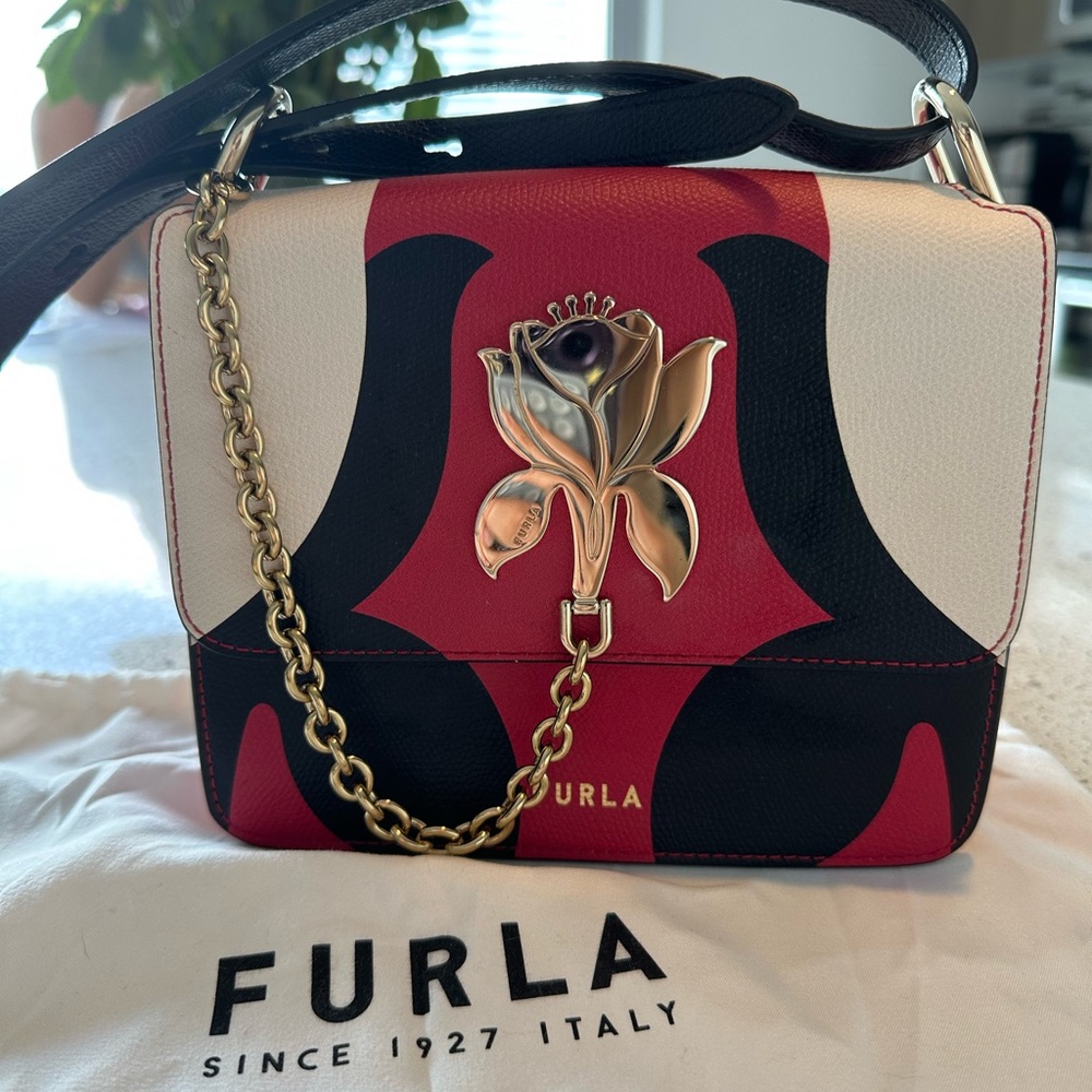 Furla luxury Italian brand Red and Black Crossbody Bag with Gold Rose Accent